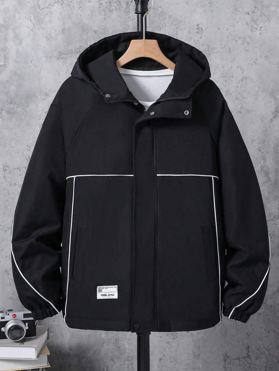 1pc Teenage Boys' Black Hooded Jacket, Contrast Stripe Design, Casual HOOGE STYLE Label, Fashionable Streetwear, Versatile - Black - View 1