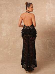Lumalex Robe de demoiselle d'honneur bordeaux à volants en dentelle et maille contrastée, robe de soirée élégante et glamour à épaules dénudées, nouvelle collection automne-hiver pour fête, mariage, cérémonie, vacances, festival - Noir - Voir 3