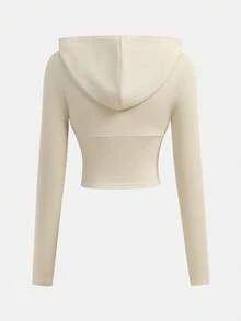 SHEIN Girlism Tween Girls Solid Apricot Ribbed Knit Zip-Up Hooded Waist Long Sleeve Casual Outwear Jacket Sweatshirts Autumn Winter Clothes For Girl - Apricot - View 2