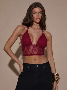 SHEIN BAE Women's Burgundy Lace Halter Backless Top,Autumn Fashionable Solid Color Elegant Crop Top For Christmas,New Year,Party,Club Night,Rave & Techno - Red - View 6