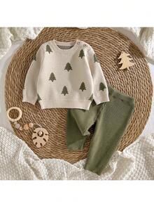 Loomiva Newborn Baby Boy/Girl Christmas Tree Pattern Knit Soft Crew Neck Long Sleeve Sweater And Elastic Waist Pants 2-Piece Set - Multicolor - View 1