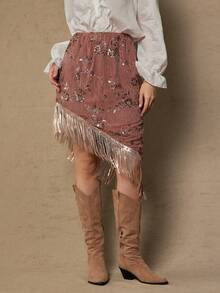 Freevana Váy xòe tua rua bất đối xứng thêu hoa sequin thời trang cỡ lớn - Cà phê nâu - Xem 6