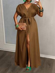 Veslaya 秋冬新品，女士秋冬服装，万圣节，复活节，西部风，海滩风，波西米亚风，节日，嘉年华，复古风，乡村音乐风，女士休闲装，大码开衩长裙，棕色长裙，卡其色连衣裙，棕色长裙，大地色系连衣裙 - 摩卡棕 - 查看 12