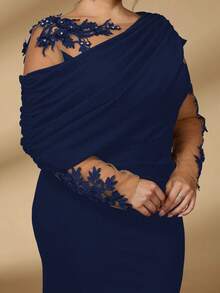 Serin Đầm dáng đuôi cá ôm sát, thanh lịch, lãng mạn, sang trọng, chất liệu vải dệt kim co giãn, phối lưới tương phản, vai bèo nhún bất đối xứng, thích hợp cho tiệc tối, hẹn hò, dạ hội, kỳ nghỉ, đám cưới, váy cho mẹ cô dâu, ngày Valentine. - Màu xanh hải quân - Xem 3