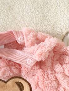SHEIN 两件套婴儿服装套装，可爱熊头图案毛绒绒卫衣和长裤，粉色，秋冬 - 藕粉色 - 查看 5