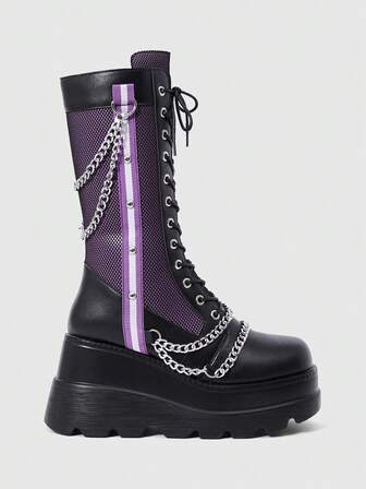 Grunge Punk Women's Purple Round Toe Platform Thick Sole Gothic Punk Dark Rivet Chain Cross Buckle Fashion Mid-Calf Boots