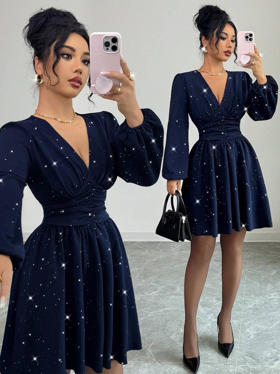 Elenzga 全新 V 领纹理金属前褶腰泡泡袖 A 字形设计休闲迷你连衣裙，适合度假、日常穿着、年轻优雅、秋冬 - 寶藍色 - 查看 1