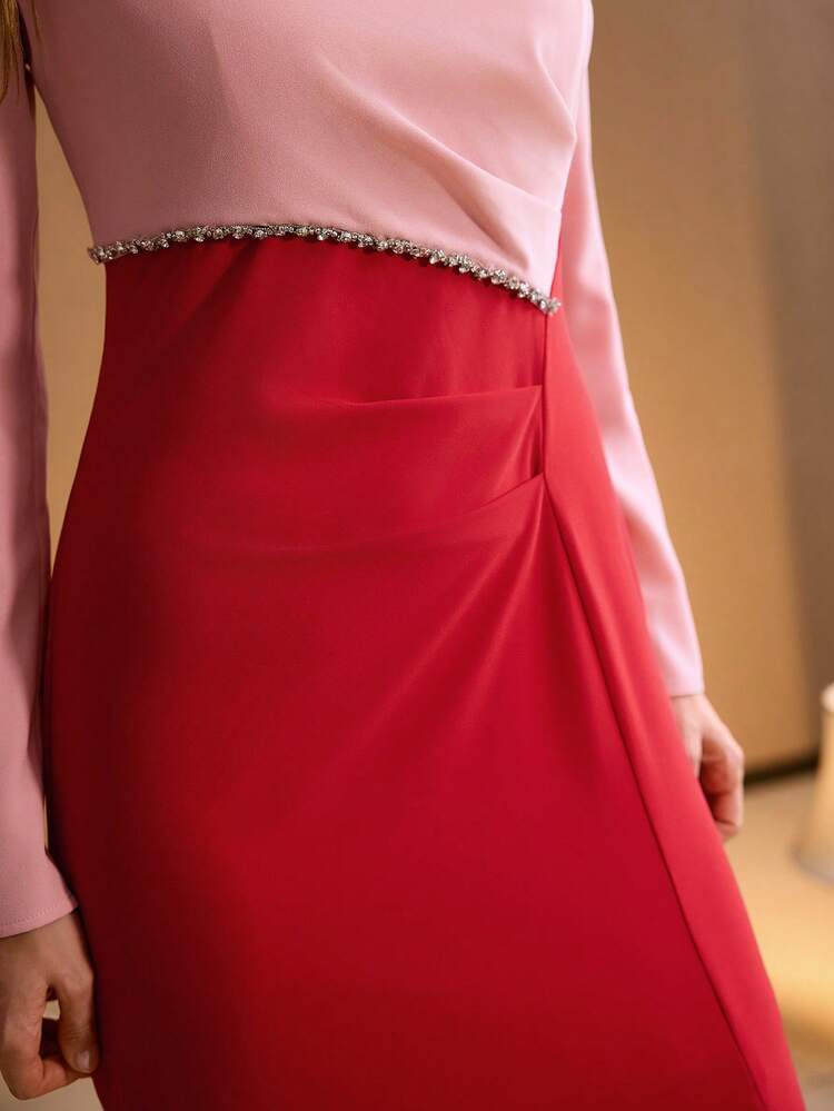 WOMEN'S AUTUMN/WINTER RHINESTONE EMBELLISHED COLORBLOCK DRESS