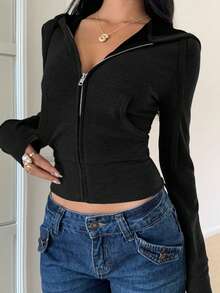 SHEIN EZwear Vintage Style Zip-Up Hooded Fitted Jacket, New Arrival For Autumn Long Sleeve Black Top Black Shirt Women Black Top Zip Up Sweater Black Zip Up - Black - View 7