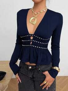 SHEIN EZwear Navy Blue Casual Women's V-Neck Long Sleeve T-Shirt With Ruffle Hem Dark Blue Top Peplum Top Deep V Neck Top Navy Blue Top Fitted Top Women Top - Navy Blue - View 5