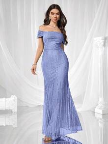 Coutiva 优雅刺绣露肩鱼尾裙摆正式晚礼服，适合婚礼宾客、毕业典礼、派对、圣诞节、秋冬季节、情人节等场合穿着。 - 紫丁香色 - 查看 9