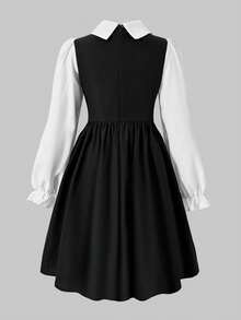SHEIN Explorewe Váy cổ xếp lớp Colorblock dành cho bé gái tuổi teen - Đen và trắng - Xem 4