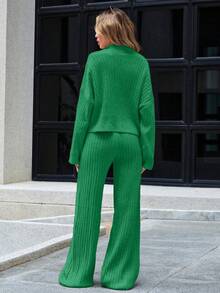 EURMUSE Set de 2 bucăți de pulover cu fermoar și pantaloni de lungime întreagă pentru femei - Verde - Vizualizare 2