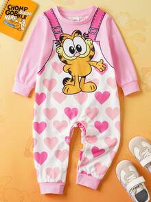 GARFIELD | SHEIN Baby Girl Cartoon Heart Print Pink 2 In 1 Long Sleeve Cute Jumpsuit, Autumn/Winter Cartoon Baby Clothes Baby Girl Character Pajamas - Pink - View 3