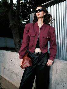 Airlisse Chaqueta corta de unicolor para mujer, de moda para ir al trabajo en otoño - Burdeos - Ver 1