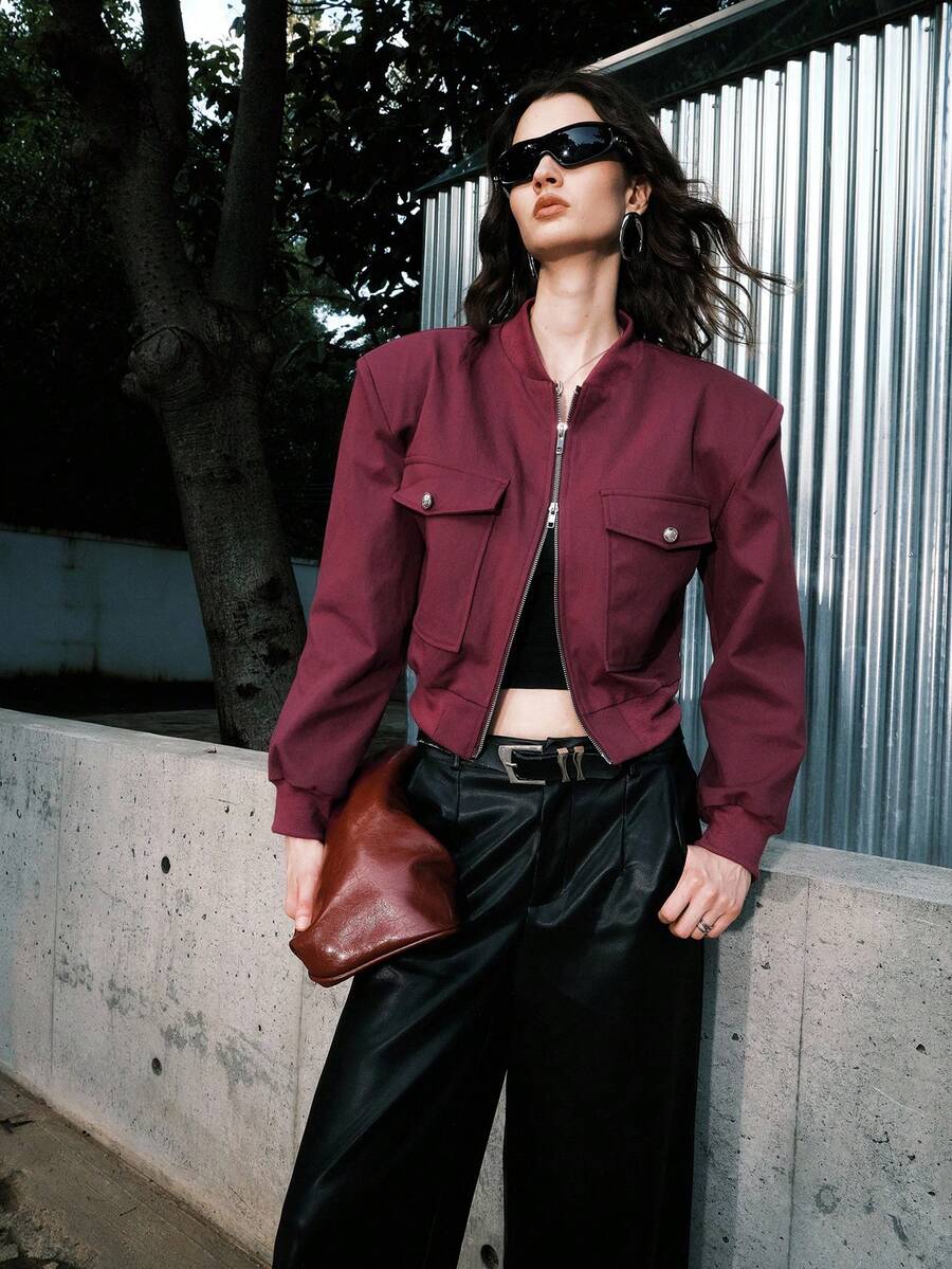 Airlisse Chaqueta corta de unicolor para mujer, de moda para ir al trabajo en otoño - Burdeos - Ver 1