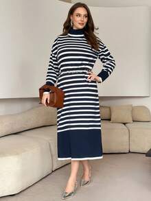 Lacomfia Plus Size Casual Colorblock Striped Knit Dress, Autumn/Winter