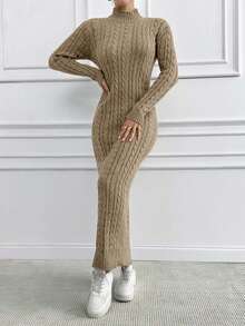 EURMUSE Women's Minimalist Solid Color Cable Knit Turtleneck Sweater Dress And Cardigan, Autumn/Winter - Mocha Brown - View 2