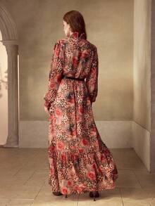 MOTF PREMIUM WOMEN'S ROSE & LEOPARD PRINT ELEGANT DRESS WITH FAUX PEARL BELT, SUITABLE FOR VACATION - Brown - View 5