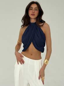 Aloruh Áo cánh nữ cổ bẻ xếp ly thanh lịch gợi cảm thời trang thường ngày bằng vải voan chiffon - Màu xanh hải quân - Xem 4