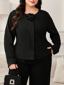SHEIN Clasi Veste courte élégante et vintage en satin avec roses 3D pour femmes grandes tailles, veste noire, veste fleurie, manteau noir, manteau fleuri, hiver, manteau d'hiver pour femmes, veste d'hiver pour femmes, veste d'hiver pour femmes, confortable automne et hiver pour femmes, automne hiver pour femmes, costume d'Halloween, Noël pour femmes, Nouvel An, top noir, automne hiver 2025, veste blazer décontracté chic - Noir - Voir 4