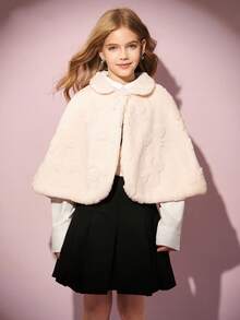 Girls' Casual Lapel Faux Fur Poncho Jacket,Bow Decor Jacquard Fabric Apricot Autumn Cool Girl Aesthetic Wedding Guest Outing Party School Travel - White - View 1