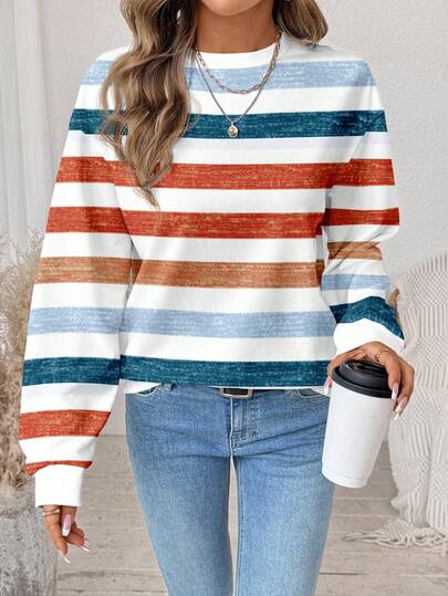 SHEIN LUNE Casual Colorful Striped Retro Chic Print Round Neck Loose Fit Women Sweatshirt, Family Set, Suitable For Outdoor, Commuting, And Sports