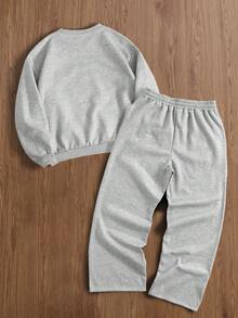 TOKVUE 男士时尚休闲字母刺绣圆领长袖卫衣搭配抽绳腰运动裤休闲套装，适合秋冬季节，纽约男士卫衣 - 灰色 - 查看 2