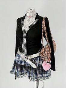 Sunspun Plus Size Women Vintage Romantic Casual Y2K Office/School Commute Pullover Long Sleeve T-Shirt With Bow Collar Decor, Versatile Punk Style, Lightweight, Suitable For Spring/Autumn, Christmas, Party - Black - View 5