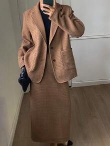 DAZY Women's Solid Color Loose Long Sleeve Blazer Jacket And Straight Skirt Elegant Office Formal Suit Set, Autumn/Winter Business Attire - Brown - View 5