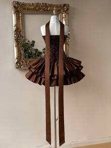 Lovelzi Váy hở vai cổ tim đính đá Rhinestone trang trí eo thắt eo nhiều tầng xếp nếp phong cách vũ công ballet Millennium sang trọng thanh lịch, thích hợp cho đám cưới, dạ hội, tiệc tối, sinh nhật, trở lại trường, trà chiều, triển lãm, sự kiện kinh doanh và các dịp khác - màu nâu - Xem 9