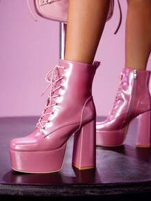 Cuccoo CUCCOO LuxiPop Sexy Patent Lace-Up Boots, Fashion Ankle Boots For Halloween, Christmas, Party, Nightclub Outfit, Autumn