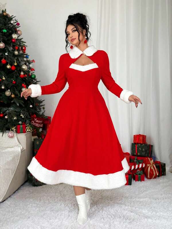Elenzga Christmas Plus Size Long Sleeve A-Line Knee-Length Casual Elegant Dress, Suitable For Outings And Dates