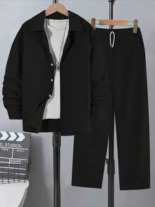 2pcs Teenager Spring Ball Casual Gentleman Single-Breasted Gray Long Sleeve Shirt Paired With Elastic Waist Slant Pocket Casual Pants Set, Vacaura Boy Outfit