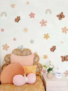 1 pezzo Grande adesivo da parete rimovibile con fiori ad acquerello, farfalle arcobaleno, decorazione da parete autoadesiva, arte da parete per soggiorno, camera da letto, motivo floreale estetico
