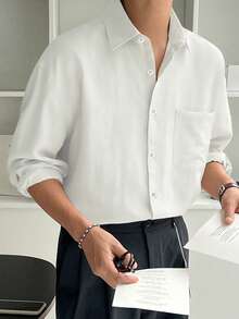 DAZY Men Solid Color Casual Daily Wear Simple Shirt With Turn-Down Collar Long Sleeve Men Shirt, For Fall Business Attire - Beige - View 3