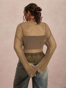 Freevana 大码纯色扭纹前透休闲时尚长袖开衫 - 杏色 - 查看 2