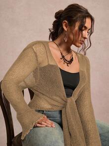 Freevana 大码纯色扭纹前透休闲时尚长袖开衫 - 杏色 - 查看 3