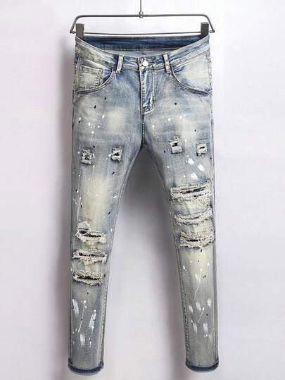 Manfinity Homme Men's Casual Fashion Distressed Light Blue Washed Skinny Jeans Men Cotton Splash Ink Ripped Jeans