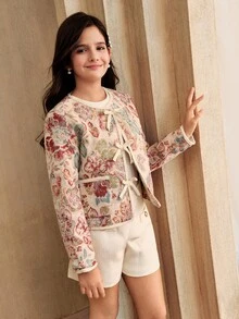 SHEIN Explorewe Girls' Retro Floral Print Short Jacket, Suitable For Outings And Gatherings - Multicolor - View 4