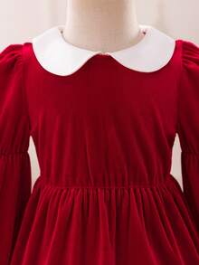Glamorique Kids Baby Girls' Autumn/Winter New Velvet Korean Fleece Designed Peter Pan Collar 3D Bow Cute Party Long Sleeve Dress - Red - View 5