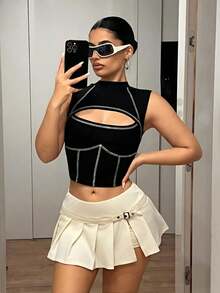 SHEIN ICON Women's Solid Color Adjustable Buckle Design Sexy Mini Side Slit Pleated Skirt Party - Beige - View 3