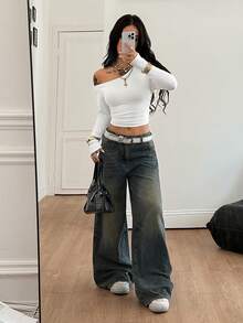 Coolane 女式秋季 Y2K 简约基本款日常休闲保暖羊毛弹力黑色紧身胸衣不对称领口露肩短款 T 恤