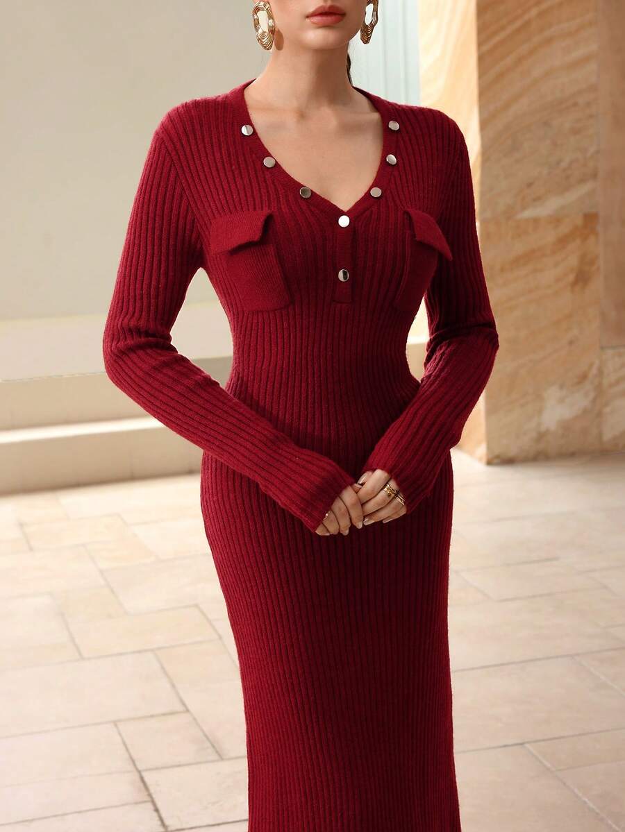 Modelyn Women's Elegant Solid Color V-Neck Flap Pocket Fitted Sweater Dress, Versatile For Autumn/Winter - Burgundy - View 1