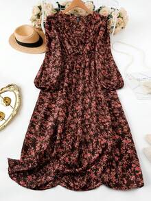 EMERY ROSE 大码女式长袖 V 领休闲优雅连衣裙，春秋季长款女装 - 咖啡棕 - 查看 1