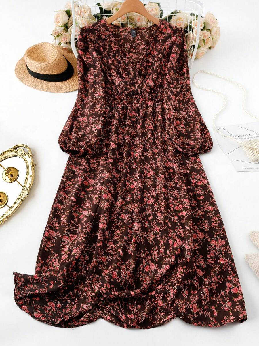 EMERY ROSE 大码女式长袖 V 领休闲优雅连衣裙，春秋季长款女装 - 咖啡棕 - 查看 1