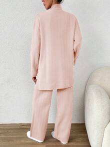 Cloudara 2 Piezas Conjunto De Suéter Y Pantalones Con Cuello Alto De Color Liso - Rosa - Ver 2
