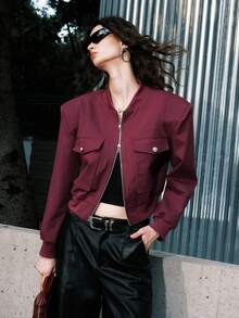 Airlisse Chaqueta corta de unicolor para mujer, de moda para ir al trabajo en otoño - Burdeos - Ver 5