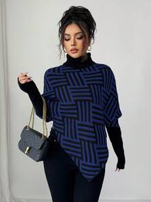 Elenzga Women's Elegant High Neck Geometric Textured Poncho Sweater, Colorblock, Suitable For Home & Travel, Spring/Autumn - Blue - View 6