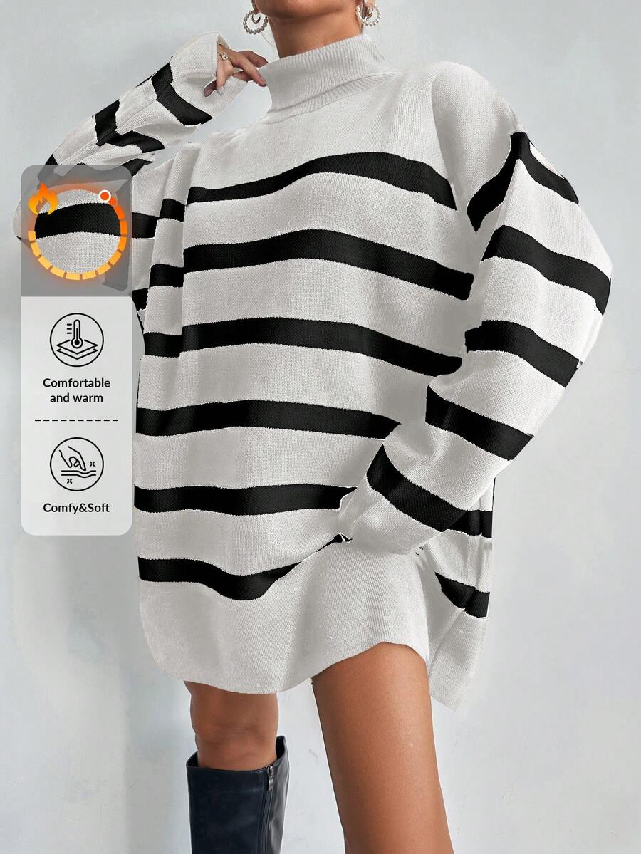 EURMUSE Striped Pattern Turtleneck Drop Shoulder Sweater Without Belt - Black and White - View 1